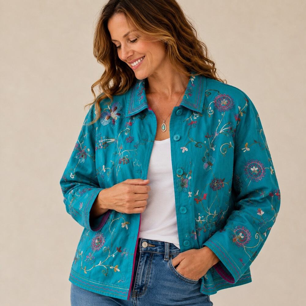 The Quacker Factory Blue Embroidered Beaded Boho Jacket Sz L NWT